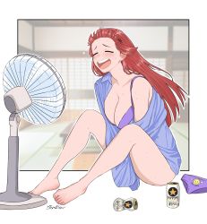 Rule 34 | 1girl, absurdres, aki-chan (dismaiden), artist name, beer can, bra, breasts, can, cleavage, closed eyes, dismaiden, drink can, electric fan, highres, large breasts, long hair, off shoulder, open mouth, original, panties, purple bra, purple panties, red hair, signature, sitting, smile, solo, underwear