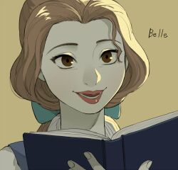 1girl animification beauty_and_the_beast_(disney) belle_(disney) book bow brown_eyes brown_hair disney dress eyelashes lips long_hair looking_at_viewer open_mouth pano_(mohayayamai) ponytail smile solo tagme