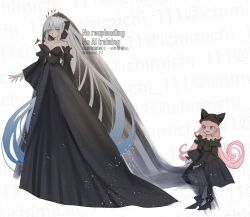 Rule 34 | 2girls, black bow, black dress, black tiara, blue eyes, blush, bow, braid, dress, fate/grand order, fate (series), full body, habetrot (fate), hair between eyes, hair bow, half up braid, highres, ichimichi 111, long hair, morgan le fay (fate), multiple girls, open mouth, pink eyes, pink hair, ponytail, simple background, smile, tiara, very long hair, white background, white hair