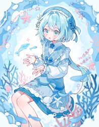 Rule 34 | 1girl, :d, absurdres, artist name, blue background, blue bow, blue eyes, blue hair, blue hat, blue skirt, blue vest, blush, bow, collared shirt, coral, cyano, dated, feet out of frame, fish, frilled skirt, frilled sleeves, frills, hair bow, hat, highres, long sleeves, open mouth, original, plaid hat, shell hair ornament, shirt, short hair, skirt, smile, solo, vest, white shirt