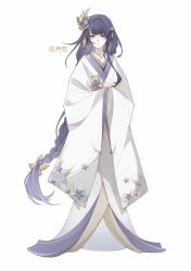 1girl blunt_bangs bow braid closed_mouth expressionless flower flower_ornament full_body genshin_impact gradient_hair hair_bow hair_ornament highres japanese_clothes kimono light_smile lofter_username long_braid long_hair low-tied_long_hair mole mole_under_eye multicolored_hair purple_eyes purple_flower purple_hair raiden_shogun shade simple_background single_braid solo standing streaked_hair white_background white_kimono xinjinjumin591364361745