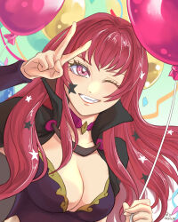 1girl balloon black_bodysuit black_cape blush bodysuit breasts cape choker cleavage clothing_cutout commentary_request fang fire_emblem fire_emblem_engage floating_hair grin hair_ornament high_collar highres long_hair looking_at_viewer medium_breasts nintendo one_eye_closed pink_choker red_eyes red_hair smile solo star_(symbol) star_hair_ornament teeth ursla99 v yunaka_(fire_emblem)