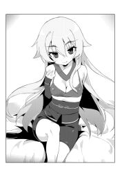Rule 34 | 1girl, ashikaga chachamaru, bare shoulders, bike shorts, breasts, cleavage, covered erect nipples, detached sleeves, greyscale, highres, long hair, looking at viewer, monochrome, shorts, sitting, small breasts, smile, solo, soukou akki muramasa, takakura