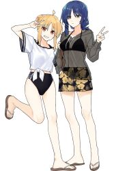 Rule 34 | 2girls, ahoge, arm grab, asymmetrical hair, bikini, bikini shorts, black bikini, blonde hair, blue bikini, blue hair, bocchi the rock!, breasts, commentary request, danji bang, detached ahoge, flip-flops, full body, hair bun, hand in pocket, hand up, highres, ijichi nijika, korean commentary, looking at viewer, medium breasts, midriff, mole, mole under eye, multiple girls, red eyes, sandals, see-through clothes, shirt, short hair, short hair with long locks, short sleeves, shorts, sidelocks, simple background, single hair bun, slippers, smile, standing, standing on one leg, stomach, swimsuit, tied shirt, v, white background, white shirt, yamada ryo, yellow eyes