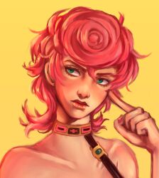 Rule 34 | 1girl, bare shoulders, blue eyes, choker, closed mouth, commentary, dated, hair between eyes, highres, jojo no kimyou na bouken, kingofwhitelies, looking to the side, pink hair, pink nails, red lips, short hair, simple background, solo, trish una, underwear, upper body, vento aureo, yellow background