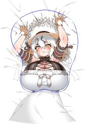 Rule 34 | 1girl, animal ears, bed, belt, blush, breast mousepad, breasts, cleavage, dress, extra ears, fox ears, fox girl, gloves, grey hair, hat, highres, huge breasts, island fox (kemono friends), kemono friends, kemono friends v project, long hair, looking at viewer, mousepad, orange hair, solo, sundress, virtual youtuber, yellow eyes, yoshida hideyuki