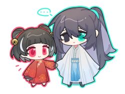 1boy 1girl :&lt; aged_down black_eyes black_hair blue_eyes chibi chinese_clothes coat double_bun finame0 full_body hair_bun hanfu heterochromia high_ponytail hong_lu_(project_moon) jia_xichun_(project_moon) limbus_company long_hair looking_at_viewer multicolored_hair pink_eyes ponytail project_moon red_robe robe siblings simple_background standing streaked_hair very_long_hair white_background white_coat white_hanfu