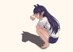 1girl absurdres barefoot blue_eyes highres hololive hololive_english katsukareraisu long_hair ninomae_ina&#039;nis ninomae_ina&#039;nis_(loungewear) official_alternate_costume pointy_ears purple_hair purple_shorts shadow shirt shorts smile solo tentacle_hair virtual_youtuber white_background white_shirt