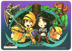 1980s_(style) 3girls armor black_hair blonde_hair boots brown_hair chibi circlet closed_mouth copyright_name dated dress druaga_no_tou elbow_gloves fingerless_gloves full_armor full_body gilgamesh_(druaga) gloves gold_armor helmet holding holding_shield holding_sword holding_weapon ishtar_(druaga_no_tou) jewelry ki_(druaga) lips long_hair multiple_girls namco official_art oldschool open_mouth promotional_art retro_artstyle shield shinozaki_yuichiro skirt smile succubus_(druaga) sword thighhighs tower weapon