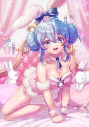 1girl :d animal_ears antenna_hair arm_cuffs bicute_bunnies_miku bicute_bunnies_miku_(white_bunny) blue_bow blue_eyes blue_hair blue_necktie bottle bow chinese_zodiac collar crescent curtains detached_collar dot_nose double_bun fishnet_pantyhose fishnets frilled_pillow frills fur-trimmed_leotard fur_collar fur_trim hair_between_eyes hair_bun hatsune_miku heart heart-shaped_pillow highres kozou_kazaru leotard looking_at_viewer necktie open_mouth pantyhose pillow pink_leotard playboy_bunny pom_pom_(clothes) rabbit rabbit_ears smile solo star_(symbol) teeth tongue upper_teeth_only vocaloid white_collar white_pantyhose year_of_the_rabbit