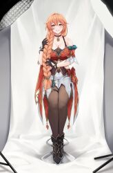 absurdres alternate_hairstyle bar_stool braid foxie30 guinaifen_(honkai:_star_rail) highres honkai:_star_rail honkai_(series) leggings long_hair orange_eyes orange_hair photo_shoot single_braid sitting smile stool very_long_hair