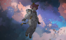 Rule 34 | 1girl, animal ear headphones, animal ears, astronaut, baggy clothes, bespin, black gloves, blue eyes, blunt bangs, cable, cable tail, cat ear headphones, fake animal ears, full body, gloves, headphones, jumpsuit, mechanical tail, original, pink hair, saturn symbol, short hair, space, spacesuit, swept bangs, tail, tassel, twitter username, white jumpsuit, wide shot, zero gravity