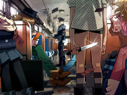 Rule 34 | 2boys, 3girls, bag, cellphone, collared shirt, hat, knife, multiple boys, multiple girls, original, phone, shirt, train, train attendant, train interior, travel attendant, vanishing point, yandere