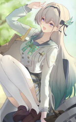 Rule 34 | 1girl, :d, aqua bow, aqua bowtie, aqua hair, black hairband, blue sailor collar, bow, bowtie, brown bag, brown shoes, firefly (honkai: star rail), firefly (spring missive) (honkai: star rail), gradient hair, grey hair, grey skirt, hairband, highres, honkai: star rail, honkai (series), long hair, long sleeves, momorin (choco030309), multicolored eyes, multicolored hair, official alternate costume, open mouth, pink eyes, plaid clothes, plaid skirt, purple eyes, sailor collar, school uniform, serafuku, shirt, shoes, skirt, smile, solo, thighhighs, two-tone eyes, white shirt, white thighhighs