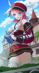 1girl absurdres breasts charlotte_(genshin_impact) cloud commentary_request cowboy_shot feathers genshin_impact gloves green_eyes hat hat_feather high-waist_skirt highres holding large_breasts long_sleeves looking_at_viewer medium_hair mipopo monocle newsboy_cap notebook open_mouth pink_hair red_hat red_skirt short_hair sideboob skirt smile solo white_feathers white_gloves