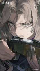1girl absurdres aiming angry blue_jacket clenched_teeth copyright_name copyright_notice crying crying_with_eyes_open fang grey_hair gun hair_ornament hands_up highres holding holding_gun holding_weapon jacket logo long_hair looking_ahead military_uniform official_art official_wallpaper petrification reverse:1999 rifle sentinel_(reverse:1999) single_tear solo tears teeth upper_body v-shaped_eyebrows weapon