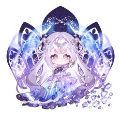 1girl absurdly_long_hair arm_up bare_shoulders black_gloves blunt_bangs bracelet braid braided_hair_rings by_stars_be_sworn_(shining_nikki) chibi chinese_commentary circlet commentary_request crystal dress eeeestella expressionless eyelashes gloves gown hair_intakes hair_ornament hair_rings halo hand_on_own_chest highres infinity_nikki infinity_symbol jewelry lace lace-trimmed_gloves lace_trim light_blush long_dress long_hair multiple_bracelets nikki_(series) parted_lips purple_dress purple_eyes purple_hair single_glove single_strap sleeveless sleeveless_dress solo space space_print standing star_(symbol) star_hair_ornament starry_sky_print tareme very_long_hair white_background window