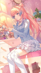 1girl alternate_costume applying_makeup blue_hair blue_shirt bow-shaped_hair braid bshi_edayo casual colored_tips genshin_impact hand_mirror highres holding holding_mirror indoors jewelry long_hair long_sleeves mirror multicolored_hair pink_hair reflection ribbon ribbon_legwear ring sangonomiya_kokomi shirt sitting skirt solo thighhighs white_ribbon white_skirt white_thighhighs zettai_ryouiki