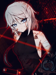 1girl bandaged_arm bandages bare_shoulders black_background black_gloves black_leotard blue_eyes faust_(project_moon) gloves hair_between_eyes highres leotard limbus_company long_hair looking_at_viewer manli project_moon solo sword weapon white_hair