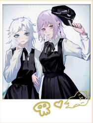 2girls absurdres chainsaw_man commentary dress earrings english_commentary fami_(chainsaw_man) famine_devil_(chainsaw_man) fourth_east_high_school_uniform hat highres holding holding_unworn_clothes holding_unworn_hat ivdimension jewelry mole mole_under_eye mole_under_mouth multiple_girls multiple_moles pinafore_dress ringed_eyes school_uniform siblings sisters sleeveless sleeveless_dress tassel tassel_earrings unworn_hat unworn_headwear white_hair