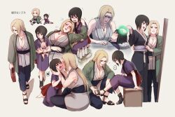 2girls age_progression black_hair blonde_hair breasts cleavage facial_mark forehead_mark glowing glowing_hand grey_background highres japanese_clothes jewelry kimono kiss kissing_cheek long_hair mature_female may_c multiple_girls naruto_(series) necklace sandals shizune_(naruto) short_hair tonton_(naruto) trembling tsunade_(naruto) turn_pale