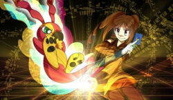 Rule 34 | 1girl, brown eyes, brown hair, digimon, digimon (creature), glowing, green eyes, oridigi, original, sakuyamon (deviantart), smile