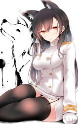 1girl absurdres animal_ear_fluff animal_ears arms_at_sides atago_(azur_lane) azur_lane black_hair black_thighhighs blush breasts brown_eyes buttons dog double-breasted garter_straps gloves gold_trim hair_ribbon highres husky impossible_clothes long_hair long_sleeves looking_at_viewer medium_breasts military military_uniform monochrome_background oouso paint_splatter parted_lips ribbon simple_background sitting skirt solo swept_bangs thighhighs white_background white_gloves white_ribbon white_skirt wolf_ears yokozuwari zettai_ryouiki