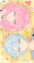 1boy 1girl ahoge bare_shoulders blue_eyes commentary_request cyrene_(honkai:_star_rail) flower hair_ornament highres honkai:_star_rail honkai_(series) jewelry lying medium_hair mixed-language_commentary multicolored_hair necklace on_back phainon_(honkai:_star_rail) pink_hair pink_pupils purple_shirt shirt short_hair smile starrenweihuahuahennan two-tone_hair white_hair
