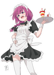 Rule 34 | 1girl, :d, alcohol carton, alternate costume, apron, black bow, black bowtie, blunt bangs, blush, bocchi the rock!, bow, bowtie, braid, commentary, enmaided, food, frilled apron, frills, hair bow, hand on own hip, highres, hiroi kikuri, holding, holding tray, kanata mako, long hair, looking at viewer, maid, maid apron, maid headdress, open mouth, parfait, pink eyes, pink hair, puffy short sleeves, puffy sleeves, sharp teeth, short sleeves, signature, simple background, single braid, smile, solo, teeth, thighhighs, tray, upper teeth only, white apron, white background, white thighhighs, wrist cuffs