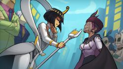 albus_(skullgirls) ancient_egyptian ankh black_dahlia black_hair bob_cut bonnie_(skullgirls) breasts bruno_bucciarati bruno_bucciarati_(cosplay) bubene buttercup_(skullgirls) cleavage cosplay doily dress eliza_(skullgirls) fur_hat gloves grenade_launcher halterneck hat hat_feather highres horace_(skullgirls) jojo_no_kimyou_na_bouken kafka_(honkai:_star_rail) kafka_(honkai:_star_rail)_(cosplay) large_breasts makeup mask mechanical_arms microphone_stand multiple_girls rabbit_mask short_hair single_mechanical_arm skullgirls smile thighhighs tiara v-bangs veil weapon