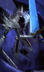 1other absurdres armor cape dual_wielding elden_ring elden_ring_nightreign extra_arms full_armor gauntlets glowing glowing_sword glowing_weapon great_rune_(elden_ring) greatsword helmet heolstor_the_nightlord highres holding holding_sword holding_weapon purple_cape shoulder_armor signature solo spiked_helmet sword triple_wielding uniqros_artist weapon