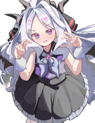 Rule 34 | 1girl, @ @, absurdres, aoi (swoi ekk), black dress, blue archive, blush, demon girl, demon horns, demon wings, double v, dress, highres, hina (blue archive), horns, idol, long hair, looking at viewer, open mouth, ribbon, simple background, solo, v, white background, white hair, wings