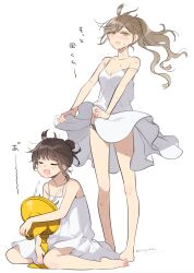 2girls absurdres artist_name barefoot blush breasts bright_pupils brown_hair cleavage closed_mouth clothes_lift collarbone commentary_request dress dress_lift electric_fan fanning_crotch fanning_self feet film_grain full_body futaribeya grey_panties hair_bun highres hot kawawa_sakurako lifting_own_clothes long_hair medium_breasts multiple_girls no_bra official_art open_mouth panties panty_peek ponytail simple_background sitting sleeveless sleeveless_dress standing strap_slip sundress sweat toes translation_request underwear wariza white_background white_pupils yamabuki_kasumi yellow_eyes yukiko_(tesseract)
