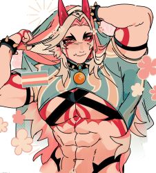 Rule 34 | 1boy, abs, arataki itto, biceps, black nails, body markings, bodypaint, bracelet, chest harness, choker, colored inner hair, crop top, dante (rottendevilman), earrings, facepaint, flower symbol, forked eyebrows, genshin impact, hand on own head, harness, highres, horns, jewelry, large pectorals, long hair, looking at viewer, male focus, mastectomy scar, multicolored hair, muscular, muscular male, navel, o-ring, o-ring choker, oni, pectorals, pointy ears, red eyes, red hair, red horns, scar, scar on chest, smile, solo, spiked bracelet, spiked choker, spikes, transgender flag, white hair