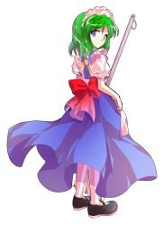 1girl alphes_(style) android apron back back_bow black_shoes blue_dress bow commentary_request dairi dress frilled_sleeves frills full_body green_hair holding large_variant_set maid maid_apron maid_headdress mary_janes mop parody parted_bangs puffy_short_sleeves puffy_sleeves red_bow ruukoto shoes short_hair short_sleeves socks solo style_parody tachi-e touhou touhou_(pc-98) transparent_background variant_set waist_apron white_apron white_socks