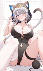 1girl :q absurdres animal_ears animal_hood belt black_hood black_leotard blue_eyes blush breasts cat_ears cat_hood cat_tail cipher_(honkai:_star_rail) cleavage ears_through_hood grey_hair highres honkai:_star_rail honkai_(series) hood indoors knees_up large_breasts leotard mole mole_on_chest one_eye_closed origami_(poinia) paw_pose single_thighhigh sitting smile solo tail thigh_belt thigh_strap thighhighs tongue tongue_out white_thighhighs