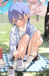 1girl black_skirt blanket blue_eyes blush closed_mouth collarbone food grey_shirt hair_ornament hanami hayakawa_sena_(pei_iriya) highres holding holding_shoes holding_unworn_clothes jacket knees_up long_hair long_sleeves original outdoors panties pei_iriya petite picnic purple_hair sandwich shirt shoes sitting skirt smile socks solo t-shirt track_jacket tree twintails underwear unworn_shoes white_panties white_socks