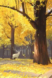 animal animal_focus antlers artist_name autumn autumn_leaves day deer falling_leaves ginkgo_leaf highres horns huhv. leaf no_humans original outdoors scenery tree