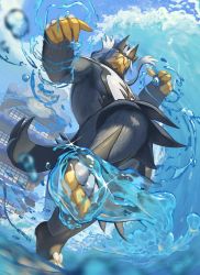 black_eyes blurry building closed_mouth cloud commentary_request day from_below gen_8_pokemon grey_fur highres leg_up legendary_pokemon nintendo outdoors pokemon pokemon_(creature) sky solo spareribs sparkle standing standing_on_one_leg urshifu urshifu_(rapid) water water_drop