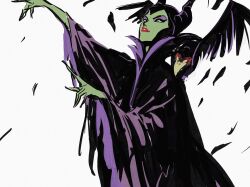 Rule 34 | 1girl, bird, colored sclera, colored skin, crow, diablo (disney), dress, eyeshadow, fake horns, green eyes, green skin, highres, horned headwear, horns, makeup, maleficent, masso, mystical high collar, sleeping beauty (disney), witch, yellow sclera