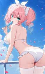 1girl absurdres aqua_eyes ass bikini blue_sky blush breasts cloud day drill_hair falling_petals food from_behind glint gradient_hair hair_between_eyes hairband hand_on_railing hand_up highres holding holding_food holding_popsicle honkai:_star_rail honkai_(series) hyacine_(honkai:_star_rail) leaning_forward long_hair looking_at_viewer looking_back medium_breasts multicolored_hair origami_(poinia) outdoors paid_reward_available petals pink_hair popsicle railing sky solo standing sunlight swimsuit thighhighs thighs twintails white_bikini white_hairband white_thighhighs