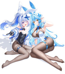 2girls ;d absurdres ahoge alternate_costume amane_kanata animal_ear_hairband animal_ears armpits bare_shoulders black_bow black_bowtie black_gloves black_leotard black_pantyhose blue_hair blue_nails bodystocking bow bowtie breasts cleavage clothing_cutout colored_inner_hair commentary_request covered_navel detached_collar elf fake_animal_ears feet frilled_leotard frills full_body gloves grey_hair gyaru_v hairband halo heart heart_ahoge heart_cutout highleg highleg_leotard highres hololive jacket large_breasts leotard long_hair looking_at_viewer misoile multicolored_hair multiple_girls nail_polish no_shoes off_shoulder one_eye_closed open_clothes open_jacket open_mouth outstretched_arm pantyhose partially_fingerless_gloves pink_hair playboy_bunny pointy_ears ponytail purple_eyes rabbit_ear_hairband rabbit_ears simple_background single_hair_intake sitting small_breasts smile star_halo strapless strapless_leotard streaked_hair thigh_strap thighband_pantyhose two-tone_hair v virtual_youtuber white_background white_jacket white_leotard white_wrist_cuffs wrist_cuffs yellow_eyes yukihana_lamy