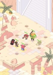 1girl 3boys antlers bag blonde_hair brown_overalls chibi commentary dog hammer hat highres holding holding_hammer holding_weapon horns lv5plant miss_merry_christmas mister_four_(one_piece) multiple_boys one_piece orange_scarf overalls pink_hat reindeer_antlers scarf shoulder_bag tony_tony_chopper usopp weapon