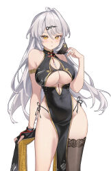 1girl absurdres alternate_costume animal animal_on_shoulder armlet bare_shoulders bird bird_on_shoulder black_dress breasts brown_thighhighs china_dress chinese_clothes clothes_lift clothing_cutout commentary covered_navel dress gold_trim hair_ornament hairclip hand_up highres jewelry large_breasts long_hair looking_at_viewer midori_fufu panty_straps pelvic_curtain pelvic_curtain_lift side-tie_peek single_thighhigh sleeveless sleeveless_dress solo standing thighhighs thighs underboob underboob_cutout white_hair yellow_eyes yi_xuan_(zenless_zone_zero) zenless_zone_zero