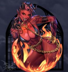 1girl abs alternate_costume artist_name baldur&#039;s_gate baldur&#039;s_gate_3 bikini black_bikini black_hair black_horns breasts chain christine_spiegel cleavage colored_skin commentary demon_horns dungeons_&amp;_dragons english_commentary fangs fire hand_on_own_hip horns karlach large_breasts long_hair muscular muscular_female open_mouth pointy_ears red_skin smile solo swimsuit teeth tiefling tongue upper_teeth_only yellow_eyes