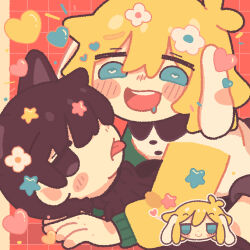 Rule 34 | 2boys, alternate costume, animal ears, antenna hair, basil (faraway) (omori), basil (omori), black eyes, black hair, blue eyes, blush, cat boy, cat ears, drooling, flower, hair flower, hair ornament, heart, heart-shaped pupils, highres, hishimatope, kemonomimi mode, long sleeves, looking at another, male focus, multiple boys, omori, open mouth, rabbit boy, rabbit girl, short hair, smile, sunny (omori), symbol-shaped pupils, teeth, tongue, tongue out, upper teeth only, yaoi
