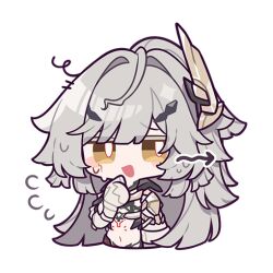 1girl :&lt; blush_stickers bright_pupils chibi colored_eyelashes door erdos_helia erdos_helia_(planar_armament:_warped_spacetime) facial_mark grey_hair hair_intakes hair_ornament honkai_(series) honkai_impact_3rd long_hair midriff navel nervous_sweating official_art open_mouth solo stomach sweat transparent_background upper_body white_pupils yellow_eyes