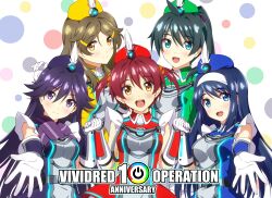 Rule 34 | 5girls, absurdres, anniversary, aqua eyes, black hair, blue eyes, blue hair, blue headwear, brown hair, futaba aoi (vividred operation), garrison cap, gloves, green headwear, hat, hat feather, highres, holding, holding unworn clothes, isshiki akane, kuroki rei, long hair, multiple girls, nonbe, orange eyes, palette suit, polka dot, polka dot background, purple eyes, purple headwear, red eyes, red headwear, saegusa wakaba, shinomiya himawari, short hair, twintails, upper body, vividred operation, white background, white gloves, yellow headwear