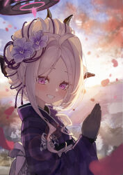 1girl absurdres alternate_costume black_halo blue_archive blue_cat_(bilibili_3714474) blush breasts chinese_commentary demon_girl demon_horns flower furisode gloves grin hair_flower hair_ornament halo highres hina_(blue_archive) horns japanese_clothes kimono long_hair looking_at_viewer official_alternate_costume official_alternate_hairstyle outdoors purple_eyes small_breasts smile solo standing sunlight white_hair