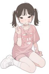1girl antenna_hair bandages bandaid bandaid_on_arm bandaid_on_cheek bandaid_on_face bare_legs black_eyes black_hair blush bracelet choker cigarette closed_mouth clothes_writing collarbone dolphin_shorts full_body hair_ornament hair_tie hairclip half-closed_eyes hand_up heart heart_necklace highres invisible_chair jewelry legs looking_at_viewer medium_hair mouth_hold necklace original pink_choker pink_nails pink_shirt pink_shorts possummachine shirt shoes short_hair short_shorts short_sleeves shorts simple_background sitting smoking sneakers socks solo t-shirt twintails v white_background white_shoes white_socks wristband